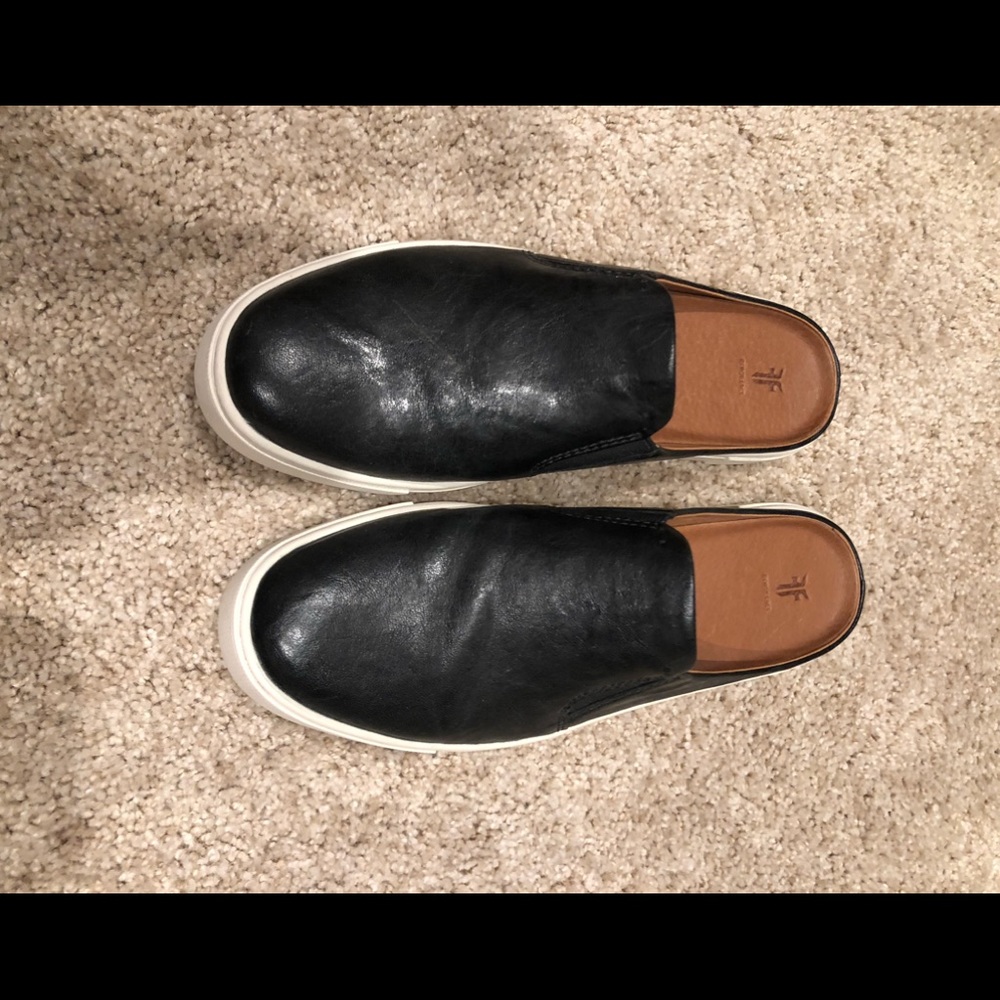 Frye black leather slip ons